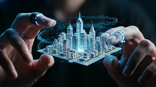 Operator Skill Augmentation leveraging interactive holographic city modeling for smart urban development, captured with cinematic lighting and a close-up perspective.