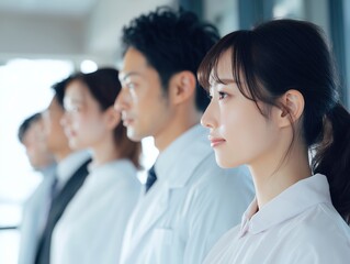 Fototapeta premium 白衣を着て横一列に並び真剣な表情で前を見つめる医療従事者の男女と責任感あふれる病院の現場