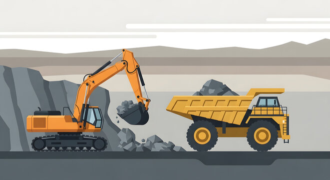 Heavy machinery in action at industrial mining site with excavator and dump truck
