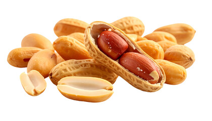 Close-up studio shot of peanuts, some shelled, others in their outer husks. The composition features a variety of peanut shapes and textures