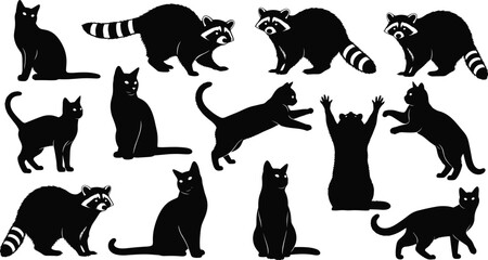 Cat and raccoon silhouettes set, black vector domestic feline and wild woodland animal collection isolated design © Mojahid