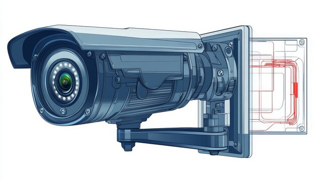 Detailed cross-section vector of professional-grade IP surveillance camera with waterproof housing, installation brackets, connection ports highlighted, home security concept on clean white background