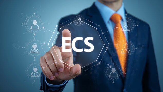 Businessman pointing to ECS text on virtual interface with human resource icons, Electronic Clearing Service and enterprise cloud storage management concept