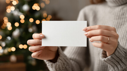 Obraz premium Woman's hands holding an empty white greeting card with a textured matte finish, in front of a softly lit christmas tree with warm glowing lights