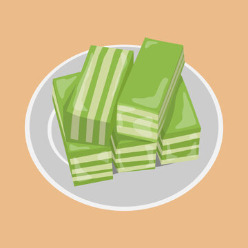 Illustration of green and white layered cakes stacked on a grey plate, a traditional Asian dessert.