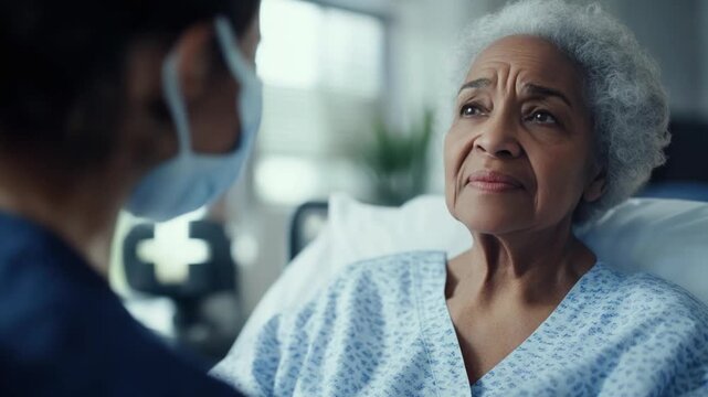 Empathy and Assurance: A concerned nurse comforts a senior patient, their faces etched with a tapestry of emotions.