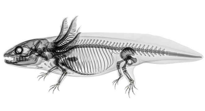 X-ray image of an axolotl showcasing its internal skeletal structure and anatomy