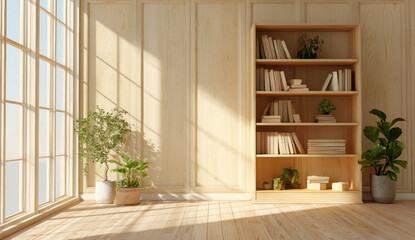 Fototapeta premium Wooden bookcase with multiple shelves filled with books and potted plants in a sunlit room