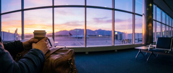 Cinematic Ultrawide Panorama of a Traveler Waiting at an Airport Gate at Sunset, Holding a Coffee Cup and Resting Hands on a Leather Bag with a Scenic View of an Airplane and Distant Mountains.