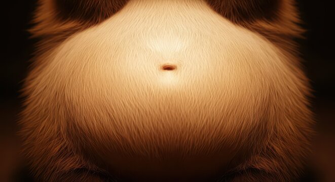 Close up view reveals the fuzzy, round midsection of a creature with a central navel