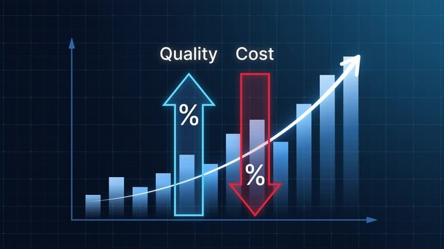Quality improvement and cost reduction concept. Blue bar chart with rising line illustrating quality increase, cost control and optimization. Successful business strategy, efficiency and management