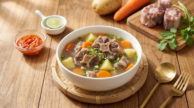 Traditional Indonesian oxtail soup, Healthy beef and vegetable stew, Sop Buntut served with sambal