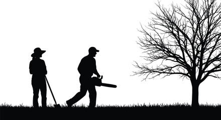 Obraz premium Silhouettes of two people, chainsaw and shovel, leafless tree, outdoor work, black figures, white background