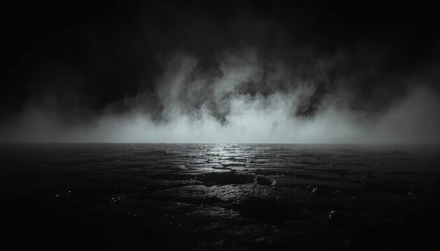 Dramatic low-angle view of cracked stone ground obscured by ethereal fog, perfect for atmospheric presentations.