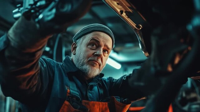Focused Craftsman at Work: A seasoned artisan, engrossed in his craft, meticulously works on an intricate piece with tools in hand, showing expertise and precision.