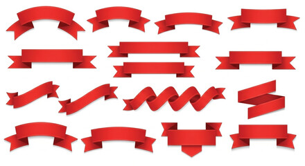 Premium 3D red silk banners and ribbons set with realistic satin texture for luxury awards and sales