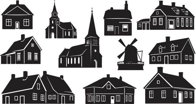 Black and white Dutch village houses and buildings icons