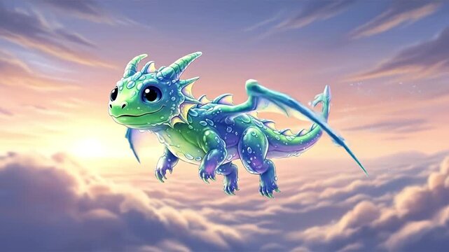 Adorable Small Fantasy Creature with Green and Blue Scales Flying Above Soft Sunset Clouds in Dreamlike Sky