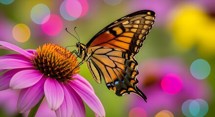 Obraz premium Vibrant butterfly on a pink coneflower, highlighted by dazzling bokeh lights, captures nature's delicate beauty in a serene garden