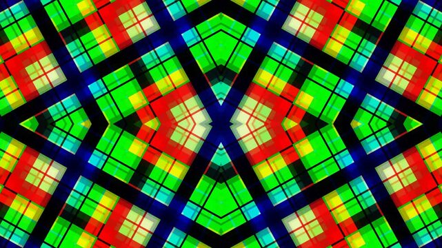 A visually engaging abstract animation showcasing a symmetrical plaid design with rich, contrasting colors like red, green, blue, and yellow.  Ideal for motion graphics and creative project