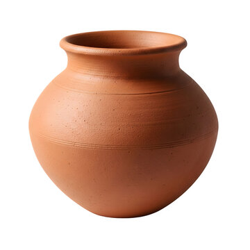 Traditional Indian clay pot, known as a Matka or Ghada, with a rustic terracotta finish and rounded shape, isolated on a clean white background.