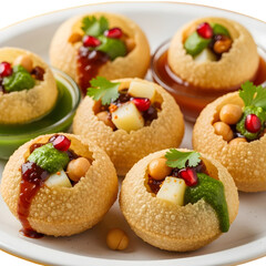 Obraz premium Six crispy Indian street food pani puri served on a white plate, filled with spiced potatoes, chickpeas, tamarind chutney, mint chutney, and garnished with pomegranate seeds and cilantro.