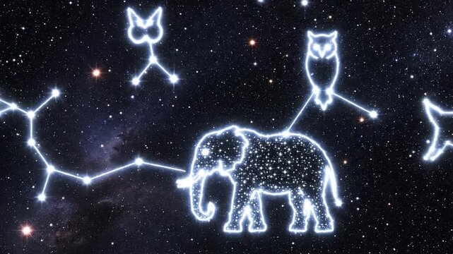 Celestial imagery features constellations of an owl, a key shape, and an elephant on a starry background