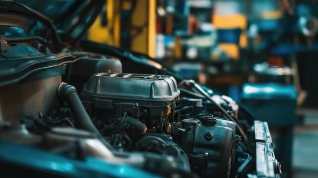 Automotive Heart: An intimate view of a car engine bay, showcasing the intricate details of a machine's heart in a workshop environment.