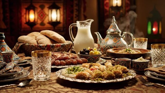 Traditional Middle Eastern Feast Setup with Dishes.