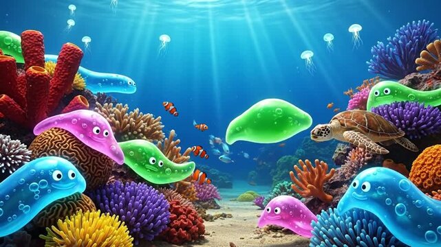 Colorful cartoon amoeba like creatures swim among vibrant coral reef life with sun rays filtering through ocean water