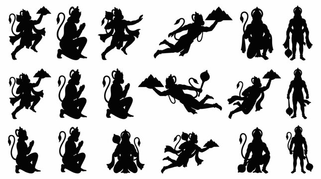 Vector Set of Black Silhouette Lord Hanuman in Various Poses Flying with Mountain Kneeling Praying Standing Hindu Monkey God Mythology Religious Design Elements
