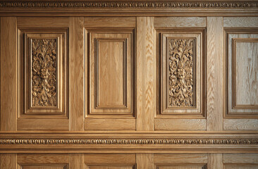 Obraz premium Wooden paneled wall in classic interior design featuring intricate carved floral motifs and natural oak finish