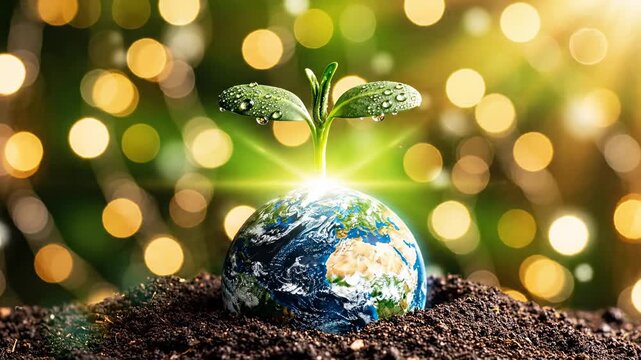 Green Sprout Growing On Planet Earth Symbolizing New Life And Hope With Golden Bokeh Lights