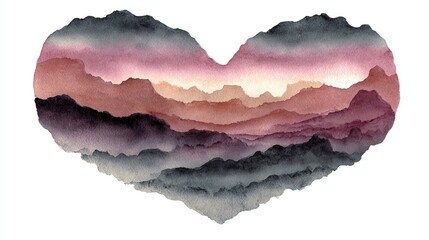 Fototapeta premium Watercolor painting of mountain layers in shades of pink, purple, and gray, forming a heart shape with a soft, dreamy aesthetic.
