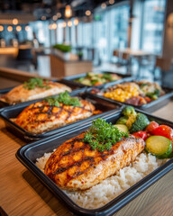 Balanced office lunch tray with grilled chicken, rice, and steamed vegetables on table