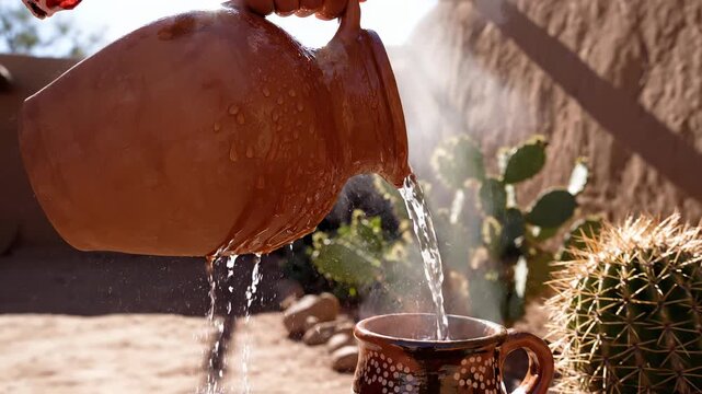 Water Pouring From Clay Olla Into Cup in Slow Motion