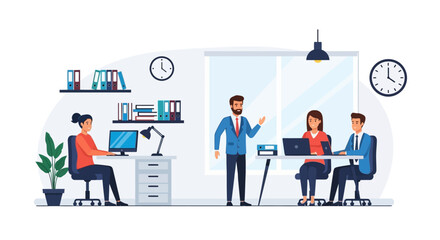 Business meeting in modern office with diverse team collaborating.