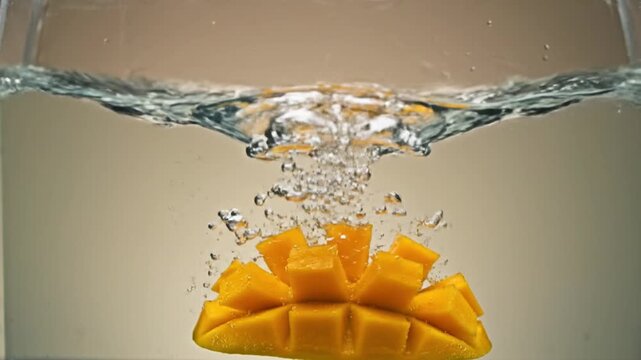fresh mango splashing into clear water, top view