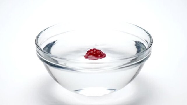 single raspberry floating in clear glass bowl with water, top view on white background