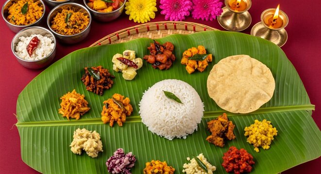 Onam sadhya on banana leaf against a blurred garden background with lotuses and festive lights. Traditional kerala vegetarian meal with rice and various curries. Festive Indian feast for ... See More