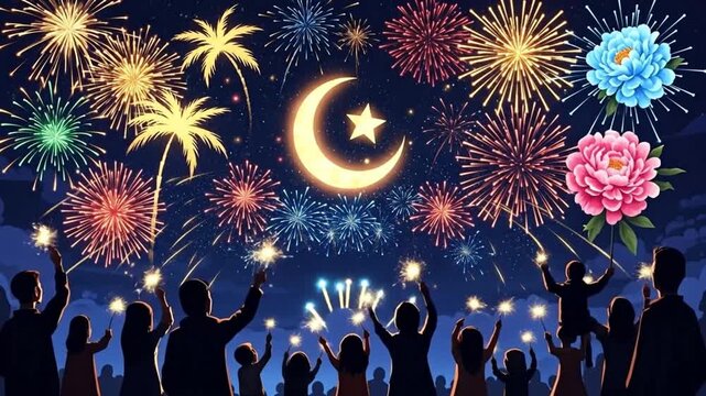 Celebration Crowd Watching Bright Crescent Moon and Star Fireworks Display Against Night Sky Background