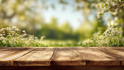 Naklejka premium Wooden tabletop with a rustic texture and natural grain, set against a blurred spring garden background with blooming flowers and soft sunlight