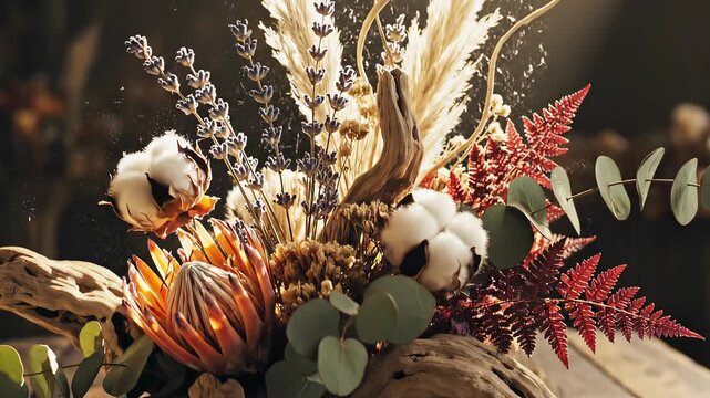 Rustic Floral Centerpiece with Driftwood, Protea, and Cotton