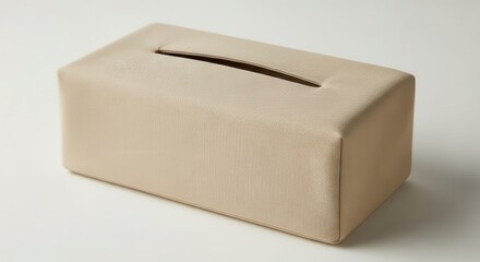 Rectangular container designed for holding facial tissues rests on a pale surface