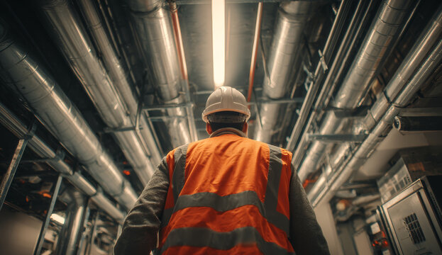 Worker in an orange safety vest and white helmet walking through industrial piping system in a manufacturing or utility facility
