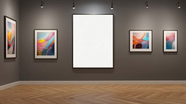 Modern art gallery with blank canvas and abstract paintings