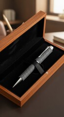 Expensive writing instrument rests open inside a polished wooden presentation case