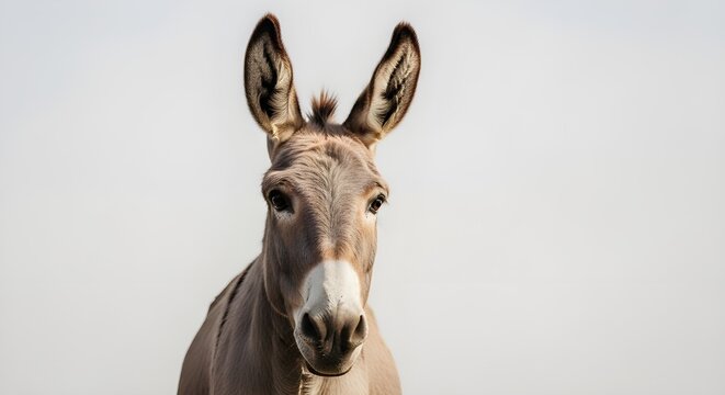 Close-up Front View of a Grey Donkey with White Muzzle Looking at Camera