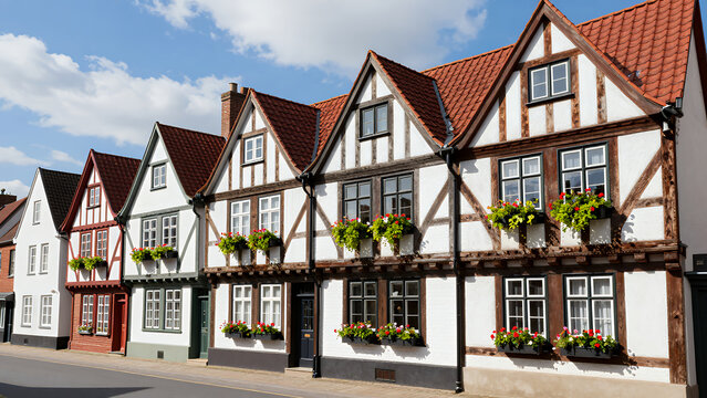 Traditional Half-Timbered Houses With Red Roofs And Flower Boxes In A European Town Street Scene