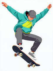 Fototapeta premium Young Skateboarder Performing A Trick In Mid-Air, Vector Illustration For Sports And Lifestyle